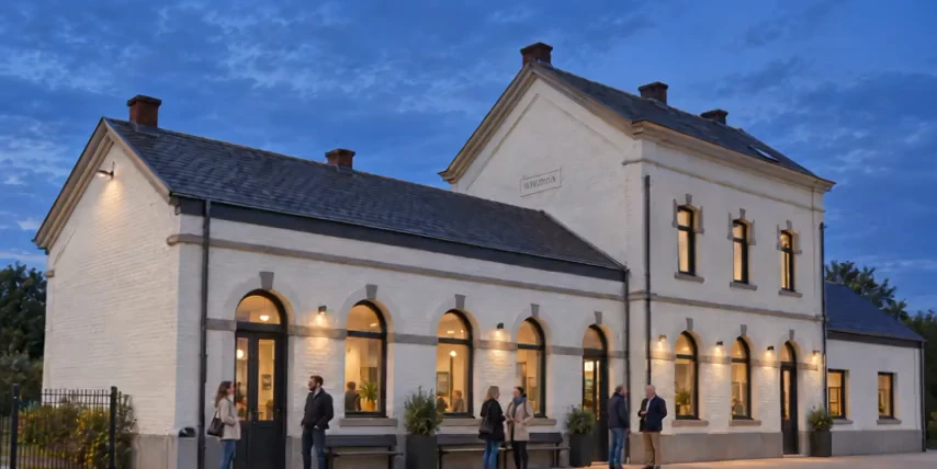 La même gare propre et accueillante, en couleur, avec des invités dehors ; vue d’ensemble sans la route. Ambiance imaginée.